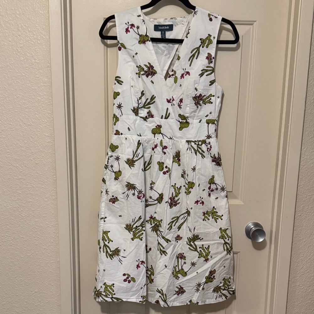 ModCloth White Midi Dress with Green Cactus and Pink Floral Print
